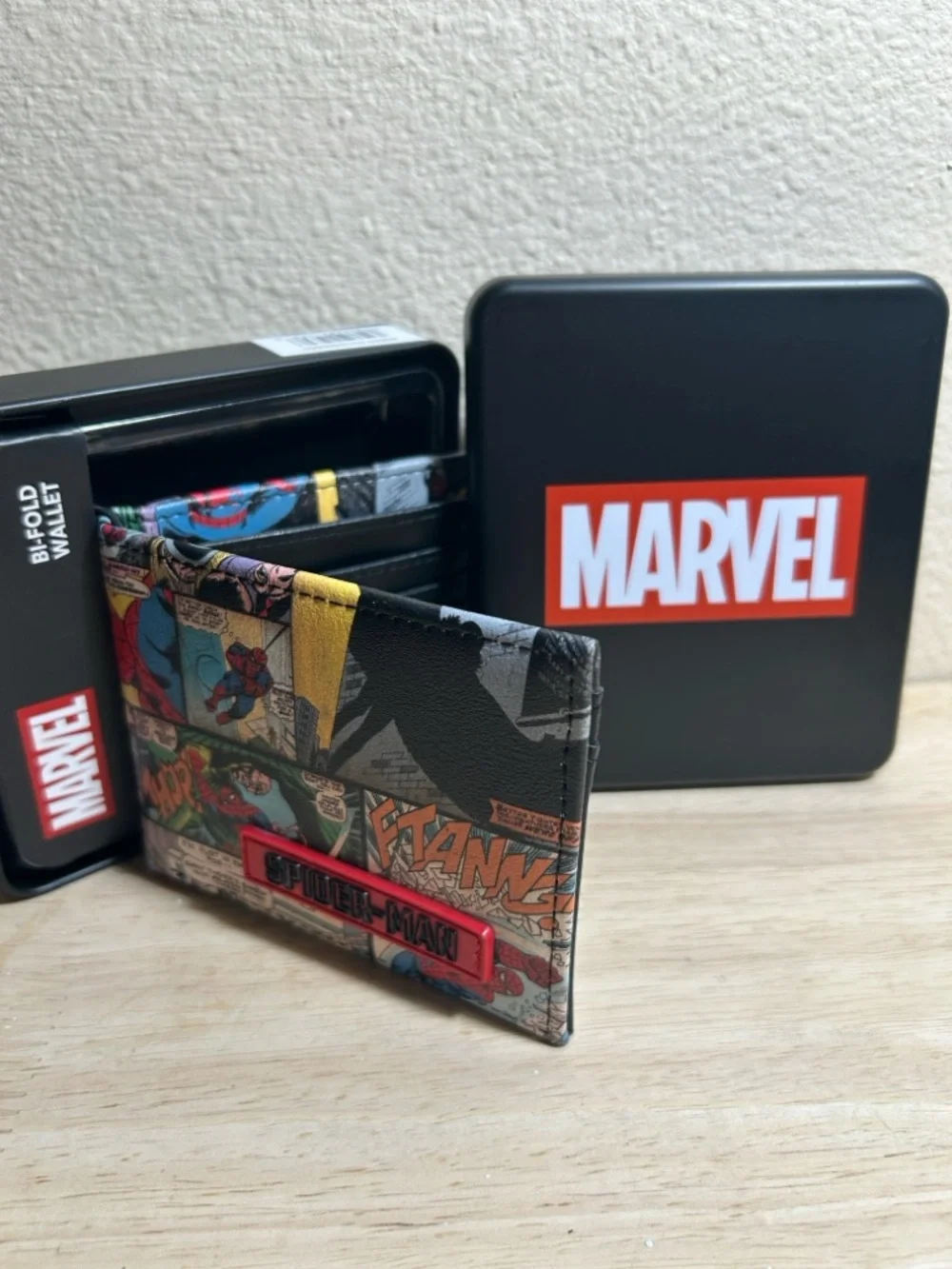 Marvel Spider-Man Comic Patch Bifold Wallet in Red, Yellow, Blue, Black